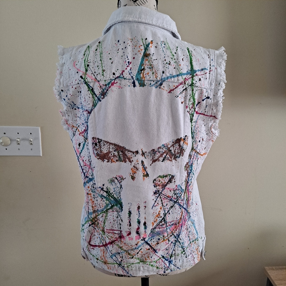 White Denim Vest with Colorful Skull Design, Hand Made With Love! One Of A Kind